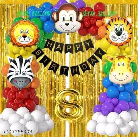 Delectable Multicolor Packet of Jungle Safari Theme for Happy Birthday Decoration:- Birthday Celebration Kit Multicolor Happy Birthday Banner Cardstock, Jungle Theme Face Goodies Foil Balloon, Foil Curtains, Metallic Balloons.