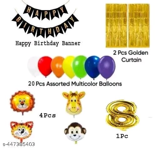 Delectable Multicolor Packet of Jungle Safari Theme for Happy Birthday Decoration:- Birthday Celebration Kit Multicolor Happy Birthday Banner Cardstock, Jungle Theme Face Goodies Foil Balloon, Foil Curtains, Metallic Balloons.