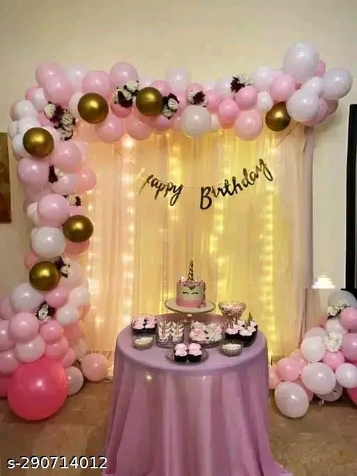 Happy birthday Decorations for girls 3rd 4th 5th 7th 18th bday Pink balloons DIY Combo Kit with white net Curtain cloth and Fairy Lights - 35 Pcs , LED, Garland Arch Tape, backdrop , props, princess theme birthday decoration items for girls