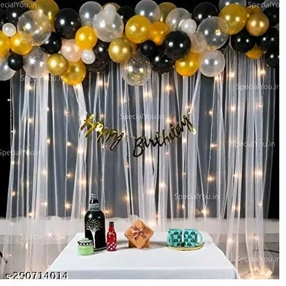 Gold black Birthday Decoration Combo Kit with White Net Curtain Cloth and Fairy Lights – Balloons, LED Light for boys,girls,wedding,anniversary, Baby Shower Decorations (Black and Gold)