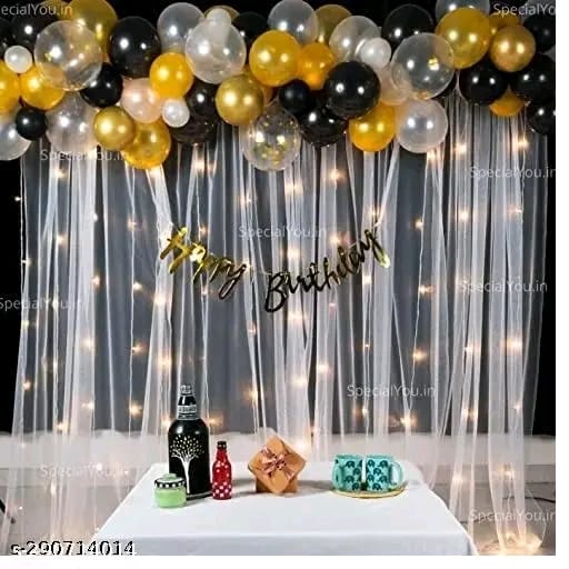 Gold black Birthday Decoration Combo Kit with White Net Curtain Cloth and Fairy Lights – Balloons, LED Light for boys,girls,wedding,anniversary, Baby Shower Decorations (Black and Gold)
