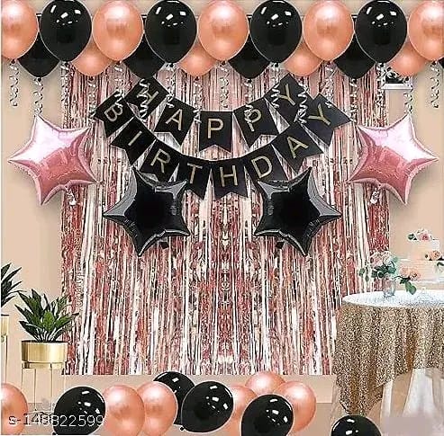 Rose Gold Happy Birthday Decoration Combo Kit for Girls 31 Pcs with Foil Curtains, HBD Banner, Star Shaped & Metallic Balloons (Rose Gold - Black)