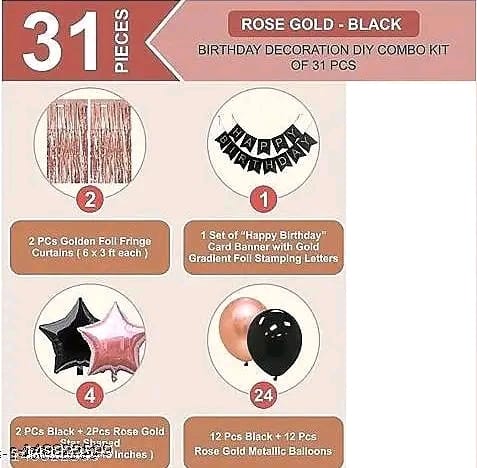 Rose Gold Happy Birthday Decoration Combo Kit for Girls 31 Pcs with Foil Curtains, HBD Banner, Star Shaped & Metallic Balloons (Rose Gold - Black)
