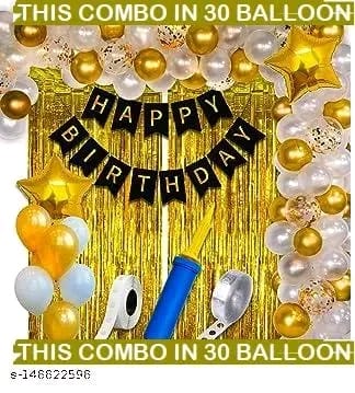 HAPPY BIRTHDAY SET=1 PCS BANNER 2 STAR GOLD 30 GOLD BLACK SILVER BALLOON 1 ARCH 1 GLUE 2 CURTIAN GOLD 1 RIBBON 1 BALLOON PUMP
