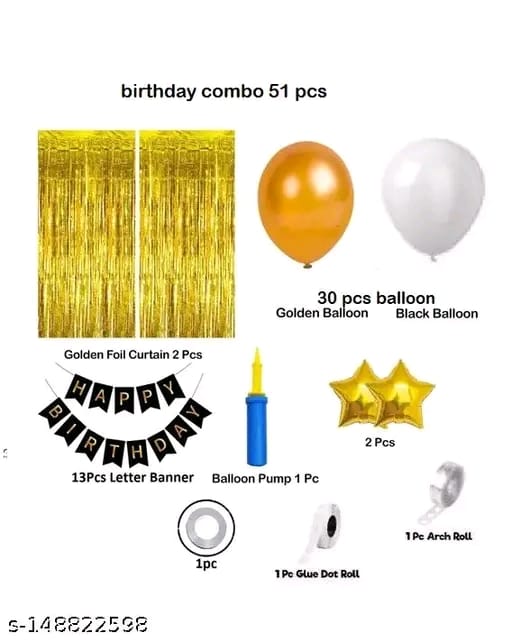HAPPY BIRTHDAY SET=1 PCS BANNER 2 STAR GOLD 30 GOLD BLACK SILVER BALLOON 1 ARCH 1 GLUE 2 CURTIAN GOLD 1 RIBBON 1 BALLOON PUMP