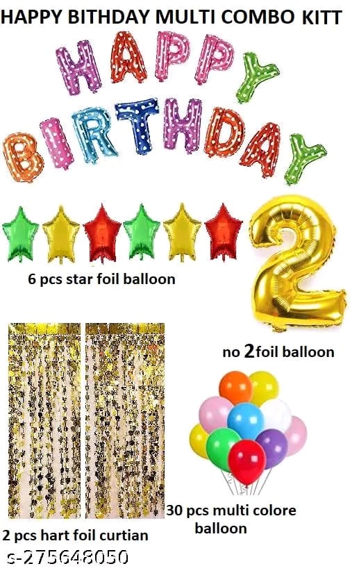 HAPPY BIRTHDAY MULTI FOIL + 2 CURTIAN HART GOLD FOIL +6 STAR RED GOLD & GREEN + NO 2 FOIL + MULTI BALLOON 30
