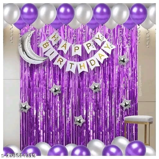 Birthday Decoration Combo Set of Happy Birthday White Banner, 30 Metallic Balloons Moon Silver Star Combo Kitt-40 Pcs.