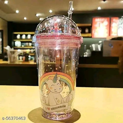 Unicorn Transparent Sipper/Water Bottle/Mason Jar/Tumbler with Straw for Kids Plastic Tumbler (380 ml)