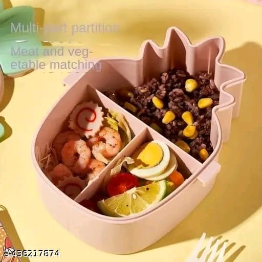 DNkitch Pineapple Lunch Box with 3 Compartment Stylish lid 1 Spoon Perfect for School Kids, College