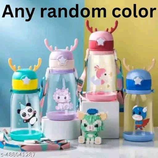 Cartoon Design Water Bottle with Straw & Strap BPA Free Non-Toxic, Anti-Leak Water Bottle for Kids, School, Home (600ML) { PACK OF 1 ANY RANDOM COLOUR }