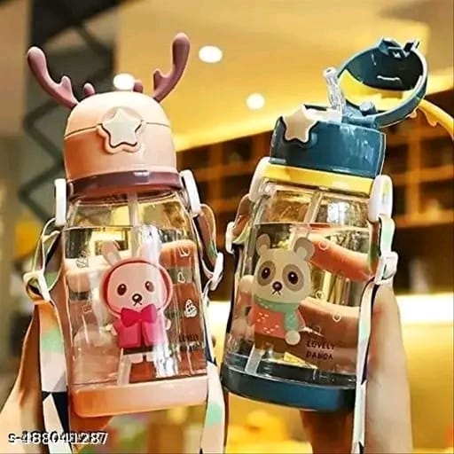 Cartoon Design Water Bottle with Straw & Strap BPA Free Non-Toxic, Anti-Leak Water Bottle for Kids, School, Home (600ML) { PACK OF 1 ANY RANDOM COLOUR }