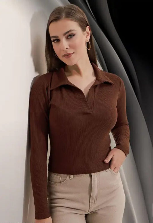 Casual Polyester Blend Ribbed Collar V-Neck & Regular Long Sleeves Stylish Coffee Top (20"Inches)