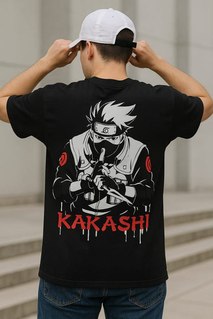 GARMIN Men's Black Cotton Oversized Round Neck T-Shirt - Kakashi Hatake Anime Design