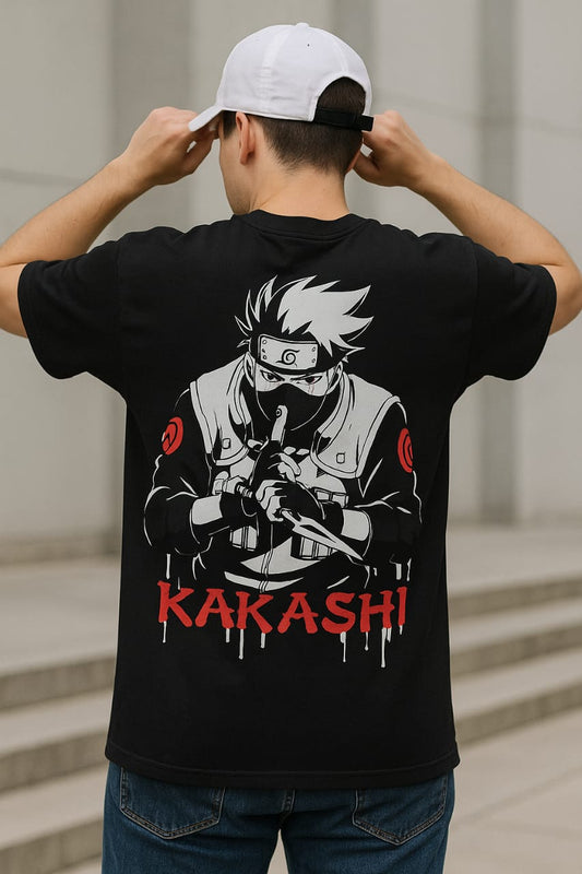 GARMIN Men's Black Cotton Oversized Round Neck T-Shirt - Kakashi Hatake Anime Design