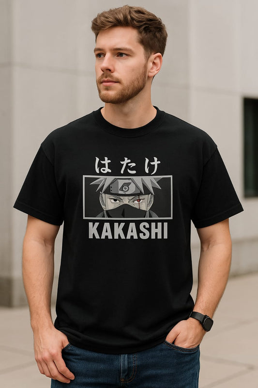 GARMIN Men's Black Cotton Oversized Round Neck T-Shirt - Kakashi Hatake Anime Design