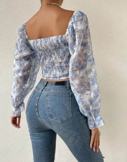 Women's Sweetheart Neck Bishop Sleeve Floral Print Shirred Crop Blouse Top