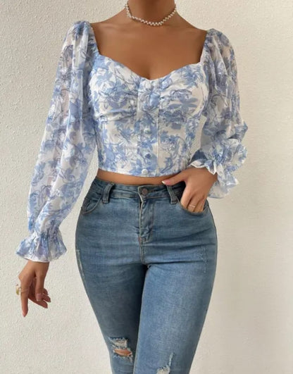 Women's Sweetheart Neck Bishop Sleeve Floral Print Shirred Crop Blouse Top