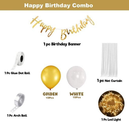 White Net Curtain For Happy Birthday Decoration With Net Curtain -33Pcs Combo With White Net, Led Fairy Lights And White/Golden Balloons - Background Decoration Items, Birthday Decoration Items,Cabana Tent Decoration