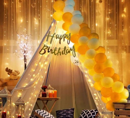 White Net Curtain For Happy Birthday Decoration With Net Curtain -33Pcs Combo With White Net, Led Fairy Lights And White/Golden Balloons - Background Decoration Items, Birthday Decoration Items,Cabana Tent Decoration