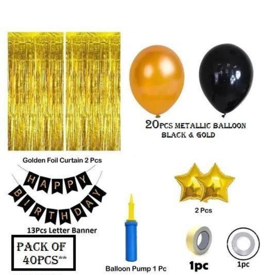 Happy Birthday Decoration Kit Combo – 40pcs Birthday Banner Golden Foil Curtain Metallic Balloons With Hand Balloon Pump And Glue Dot for Boys Girls Wife Adult Husband Mom Dad/Happy Birthday Decorations Items Set