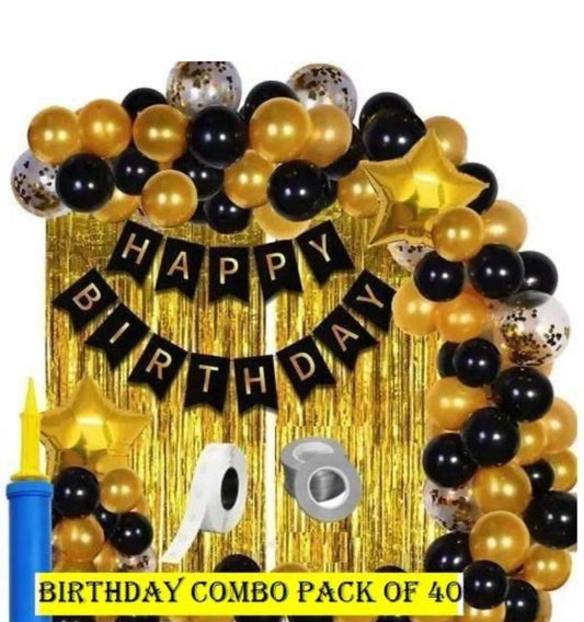 Happy Birthday Decoration Kit Combo – 40pcs Birthday Banner Golden Foil Curtain Metallic Balloons With Hand Balloon Pump And Glue Dot for Boys Girls Wife Adult Husband Mom Dad/Happy Birthday Decorations Items Set