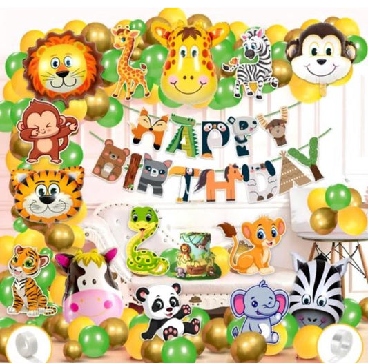JUNGLE Theme BIRTHDAY DECORATIONS / BIRTHDAY PARTY DECORATION COMBO - BANNER WITH BALLOONS, FOIL BALLOONS, CARDSTOCK CUTOUT, GLUE (PACK OF 47)
