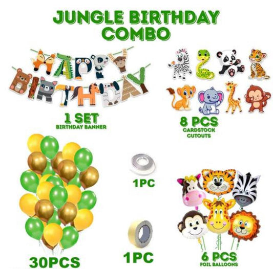 JUNGLE Theme BIRTHDAY DECORATIONS / BIRTHDAY PARTY DECORATION COMBO - BANNER WITH BALLOONS, FOIL BALLOONS, CARDSTOCK CUTOUT, GLUE (PACK OF 47)