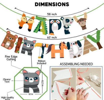JUNGLE Theme BIRTHDAY DECORATIONS / BIRTHDAY PARTY DECORATION COMBO - BANNER WITH BALLOONS, FOIL BALLOONS, CARDSTOCK CUTOUT, GLUE (PACK OF 47)