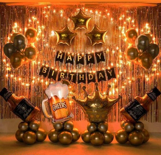 Happy Birthday Banner Decoration Kit for Husband Boys Balloons Decorations Items Combo with Cheers Foil Balloon Crown Foil, Age Perfect, Metallic Balloons with Fairy Light