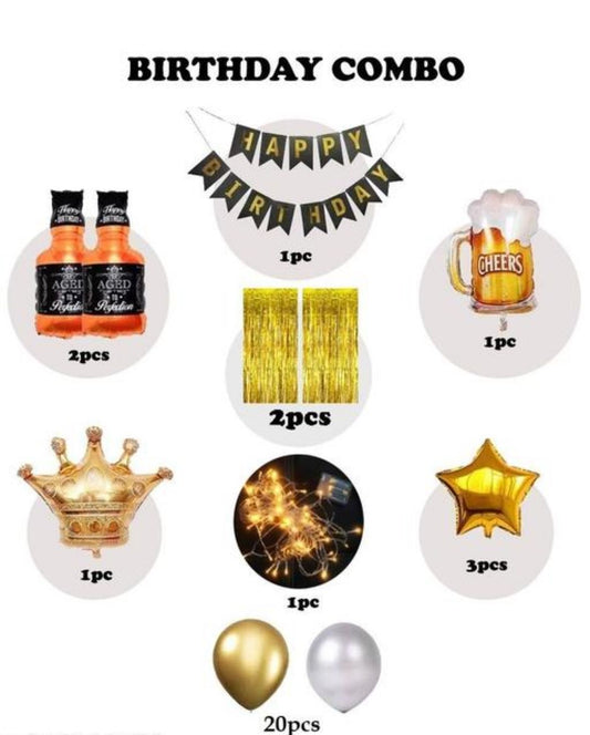 Happy Birthday Banner Decoration Kit for Husband Boys Balloons Decorations Items Combo with Cheers Foil Balloon Crown Foil, Age Perfect, Metallic Balloons with Fairy Light
