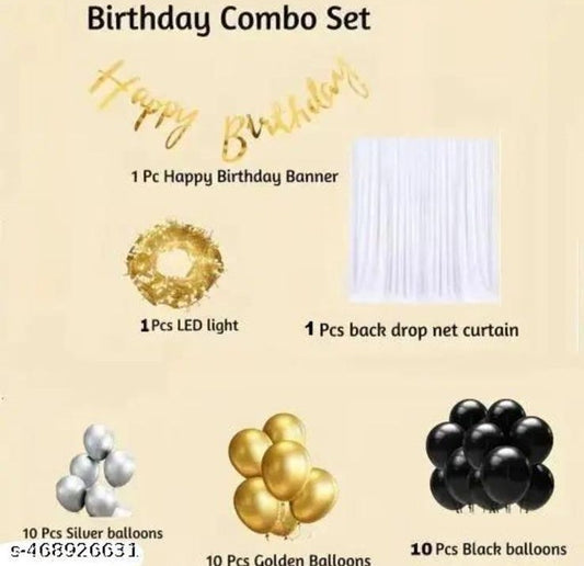 Happy Birthday Combo - 1pcs White Net Curtain | 1pcs Led Light | Happy Birthday Banner | Tape | Golden Black silver Balloons Happy Birthday Combo for Boys Girls Kids husband Mom