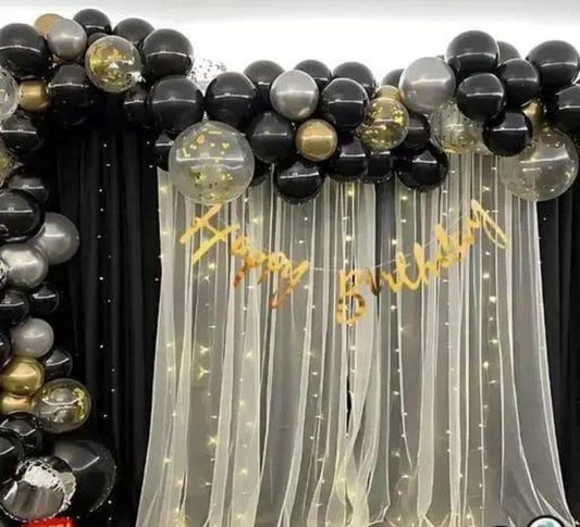 Happy Birthday Combo - 1pcs White Net Curtain | 1pcs Led Light | Happy Birthday Banner | Tape | Golden Black silver Balloons Happy Birthday Combo for Boys Girls Kids husband Mom