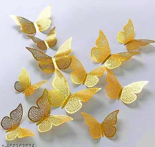 (Pack of 12) 3D Butterfly Decoration/Butterfly Decoration Items for Wall/Butterfly Stickers/Butterfly Decoration Birthday - Gold