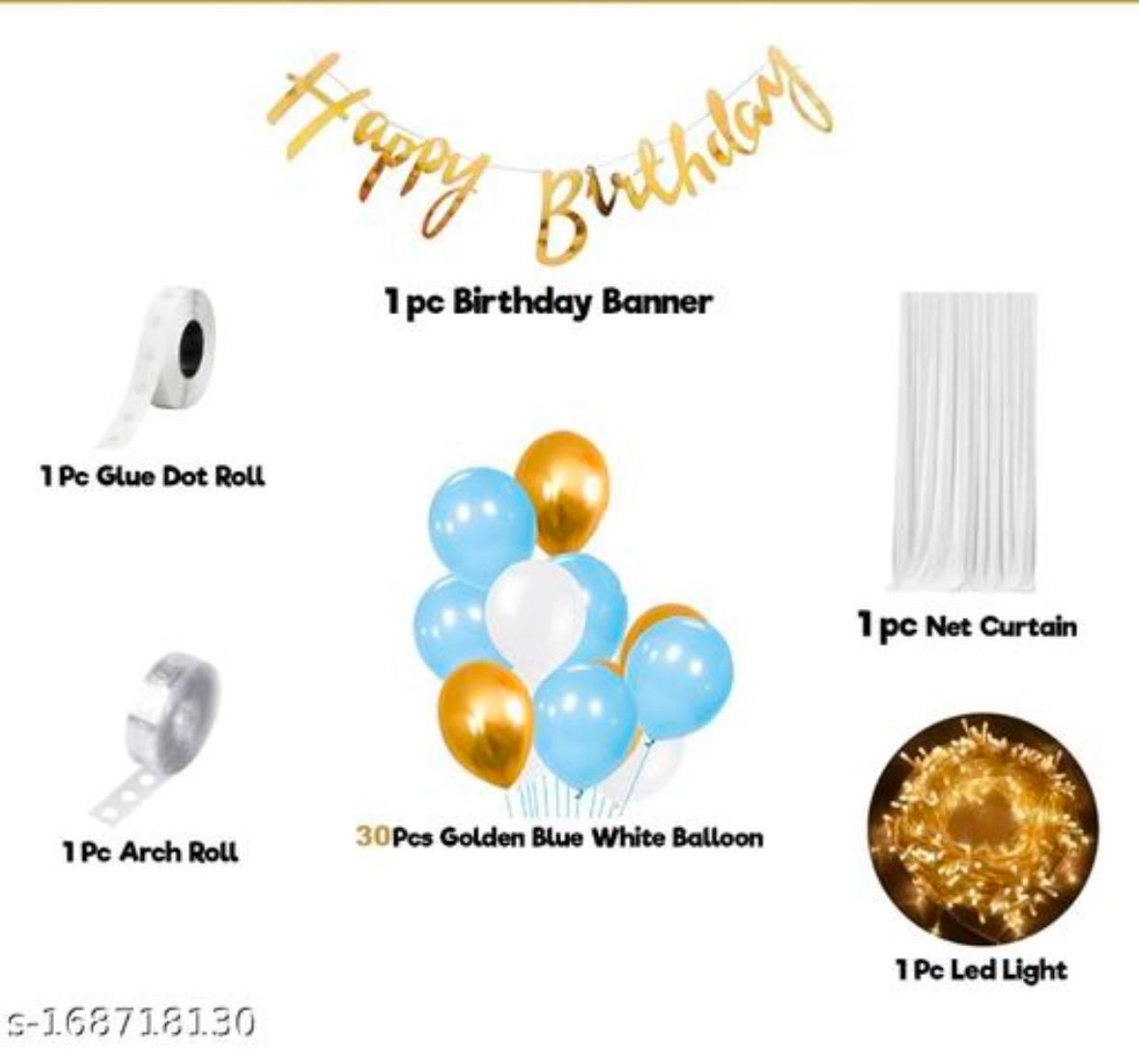 White Net Curtain For Happy Birthday Decoration With Net Curtain -35Pcs Combo With White Net, Led Fairy Lights And Blue/White/Golden Balloons - Background Decoration Items, Birthday Decoration Items,Cabana Tent Decoration