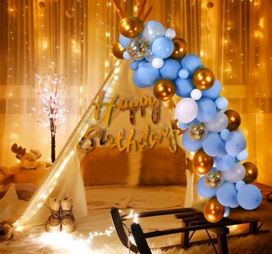 White Net Curtain For Happy Birthday Decoration With Net Curtain -35Pcs Combo With White Net, Led Fairy Lights And Blue/White/Golden Balloons - Background Decoration Items, Birthday Decoration Items,Cabana Tent Decoration