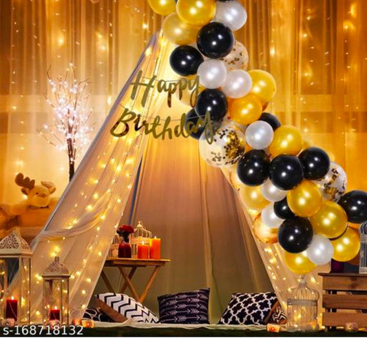 White Net Curtain For Happy Birthday Decoration With Net Curtain -35Pcs Combo With White Net, Led Fairy Lights And Blue/White/Golden Balloons - Background Decoration Items, Birthday Decoration Items,Cabana Tent Decoration