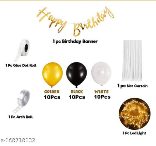 White Net Curtain For Happy Birthday Decoration With Net Curtain -35Pcs Combo With White Net, Led Fairy Lights And Blue/White/Golden Balloons - Background Decoration Items, Birthday Decoration Items,Cabana Tent Decoration