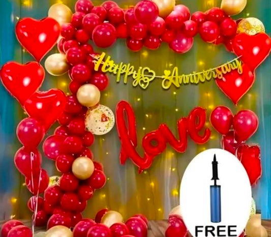 Happy Anniversary Kit For Husband Wife Love With Anniversary Banner, Pump, Metallic Balloons, Love & Heart Foil Balloons