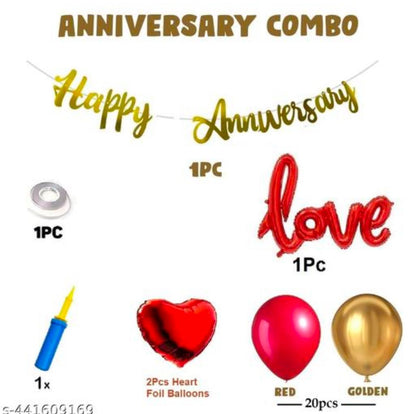 Happy Anniversary Kit For Husband Wife Love With Anniversary Banner, Pump, Metallic Balloons, Love & Heart Foil Balloons