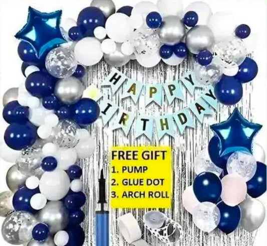 Happy Birthday Party Set - Blue Banner, 30pcs blue silver white Metallic Balloons, Star Foil Balloons, Fringe Foil Curtains, and Balloon Pump for Husband, Wife, Boy, Girl, Kids, Adults Birthday Celebration (Pack of 38