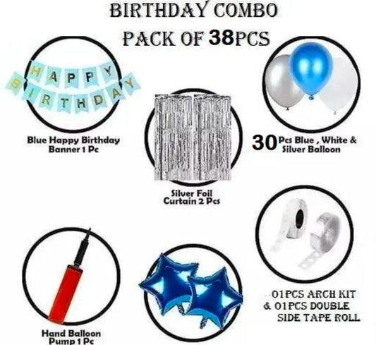 Happy Birthday Party Set - Blue Banner, 30pcs blue silver white Metallic Balloons, Star Foil Balloons, Fringe Foil Curtains, and Balloon Pump for Husband, Wife, Boy, Girl, Kids, Adults Birthday Celebration (Pack of 38