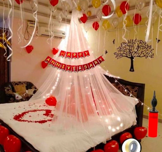 Happy Anniversary Red Banner + 2 Red Heart Foil + 30 balloons Gold White Red + Net Curtains & Light + Balloon Tape + BalloonPump For Surprise Anniversary Decoration Kit For Husband Wife