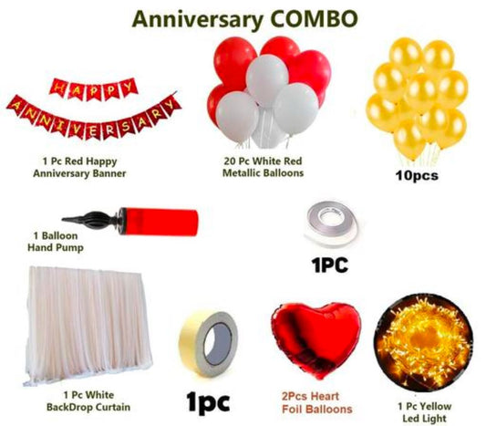 Happy Anniversary Red Banner + 2 Red Heart Foil + 30 balloons Gold White Red + Net Curtains & Light + Balloon Tape + BalloonPump For Surprise Anniversary Decoration Kit For Husband Wife
