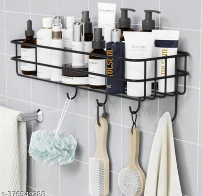 Bathroom Rack - Bathroom Shelves - Kitchen Storage – Self Adhesive Bathroom Shelf and Shampoo Holder with 4 Hook Adhesive Shower Caddy Metal Shelf (Pack of 1