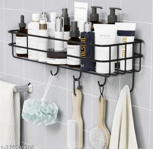 Bathroom Rack - Bathroom Shelves - Kitchen Storage – Self Adhesive Bathroom Shelf and Shampoo Holder with 4 Hook Adhesive Shower Caddy Metal Shelf (Pack of 1