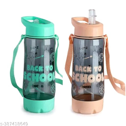 SPACE School Trendy 600ML water bottle with Straw & Belt for kids | School Bottle | Picnic Bottle |Sipper Bottle | Kids waterbag ( Pack of 2, Pink & Blue)