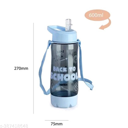 SPACE School Trendy 600ML water bottle with Straw & Belt for kids | School Bottle | Picnic Bottle |Sipper Bottle | Kids waterbag ( Pack of 2, Pink & Blue)