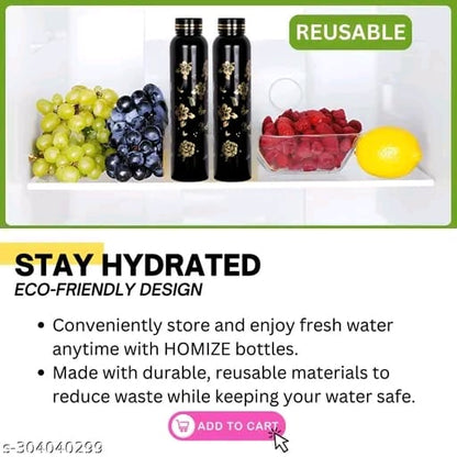 HOMIZE Plastic Water Bottle Set | Water Bottle for Office | 1 Litre | Refrigerator Water Bottle | Fridge Water Bottle 6 Pieces | Golden Flower Black Design Water Bottle
