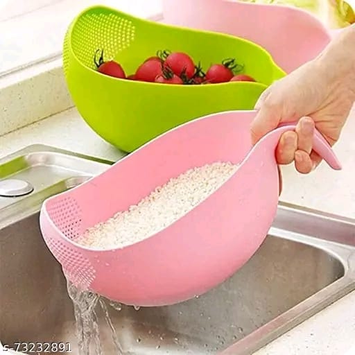Trendy Latest Comfortable Multipurpose Multi Color Plastic Rice Wash Bowl with Handle for Rice Vegetable And Fruits Pack of 1 Washing Bowl