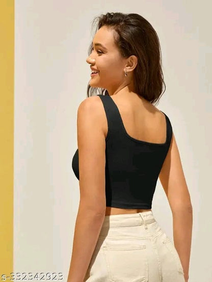 Cotton Blend Casual Sleeveless Solid Women Crop Top